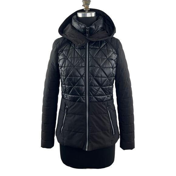 Marc New York Black Quilted Jacket Stretch Hooded Mock Neck Full Zip X-Small XS - Picture 1 of 8
